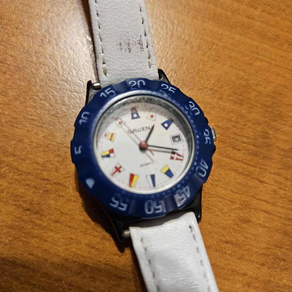 Ladies Gruen White Navy Blue Nautical Flag Quartz Water Resistant‎ NEW Battery